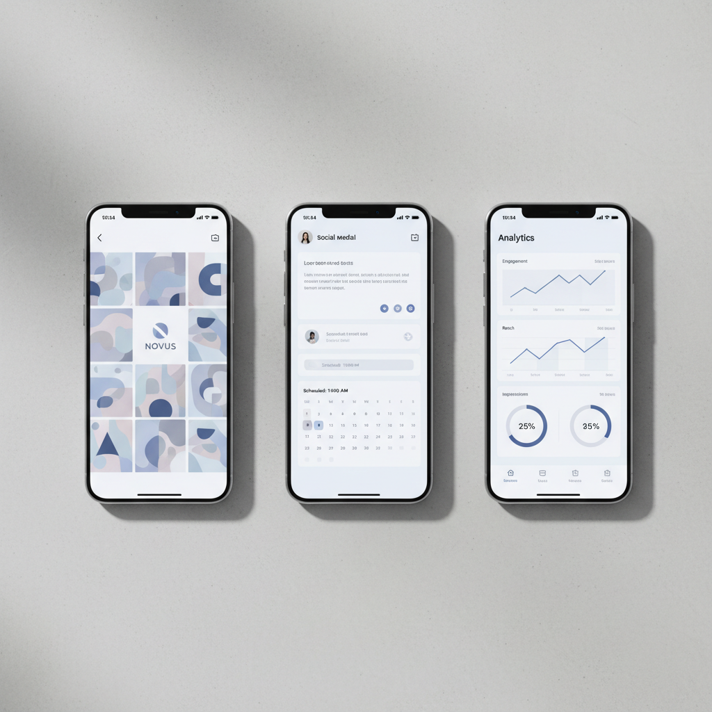 A series of three large smartphones laid flat on a smooth light-gray concrete surface, each screen displaying different stages of a polished social media campaign: a cohesive grid of brand visuals, a post composer with scheduled time slots, and a clean analytics view with upward-trending graphs. Thin metallic frames, crisp edge-to-edge screens, and subtle reflections emphasize premium technology. Soft studio lighting from the upper left creates controlled highlights along the phones’ edges and faint, precise shadows. Photographic realism, top-down composition with geometric alignment, ample negative space, and a cool, professional mood that suggests organization, optimization, and data-driven content planning.