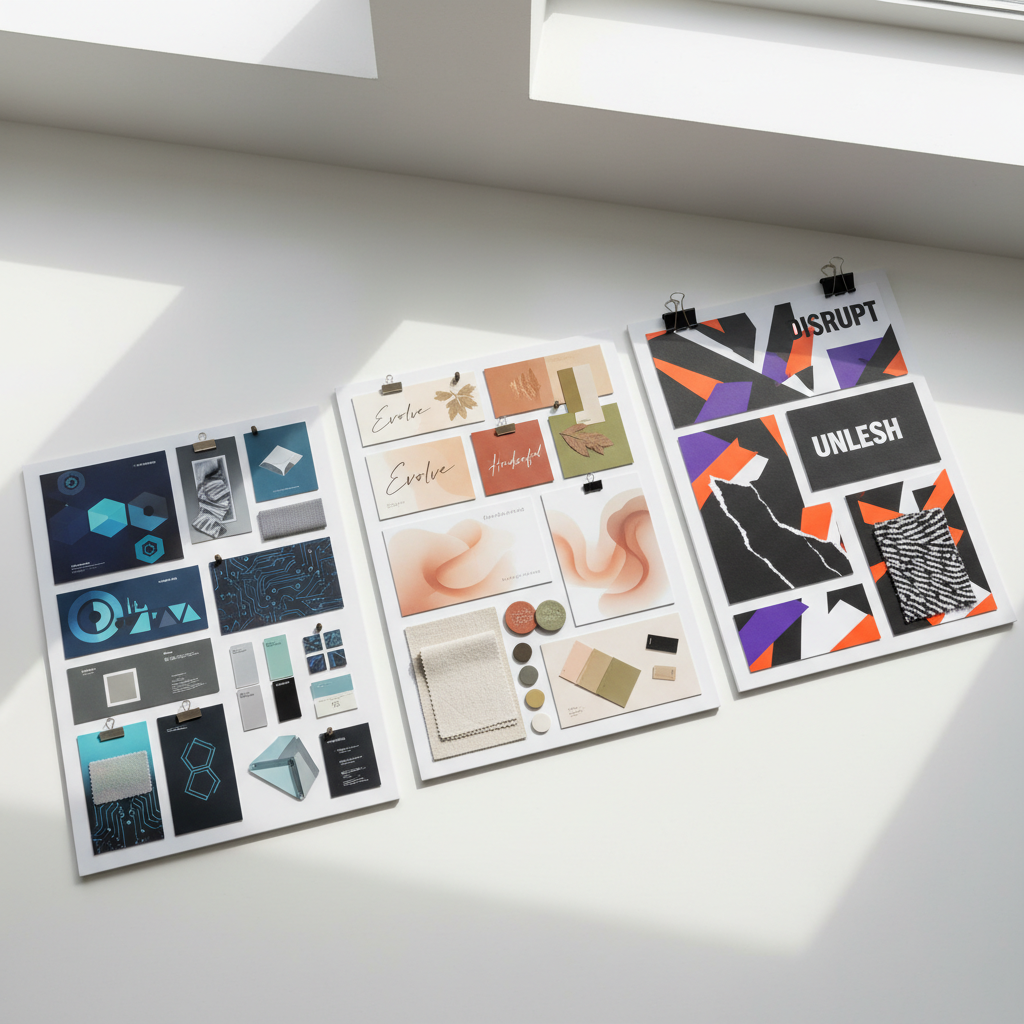 A polished white tabletop featuring three distinct brand mood boards for social media, each mounted on thick matte presentation boards. One board shows a cool, tech-focused palette with precise geometric iconography; another emphasizes warm neutrals, handwritten-style typography, and soft gradients; the third uses bold contrasts and sharp angles for a disruptive brand. Small fabric swatches, print samples, and color chips are neatly clipped to each board. Overhead, diffused daylight from a skylight creates soft, natural illumination, emphasizing textures without glare. Photographic realism, top-down shot with all boards in frame and slight rotation for dynamic balance, conveying professional curation of brand voice, tone, and visual identity for different business personas.