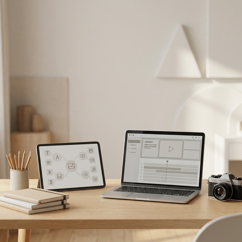 Laptop and tablet on a desk with a floating infinity loop of creative icons.
